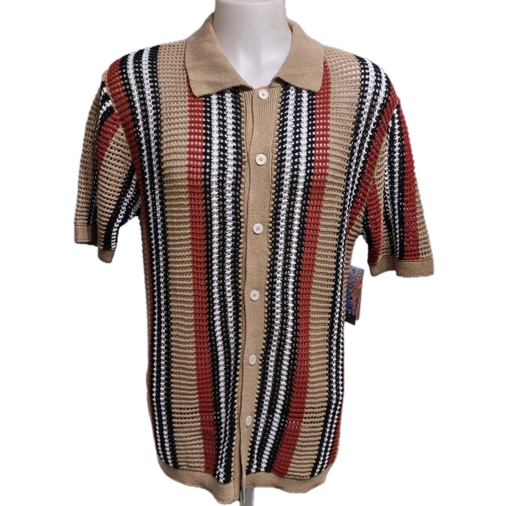 Massive Luxury Polo Men's L Brown Mesh Crochet Knit Button Up Retro Style  Shirt